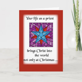 Tarjeta Festiva Navidades Sacerdotes Estrella Azul con fondo rojo