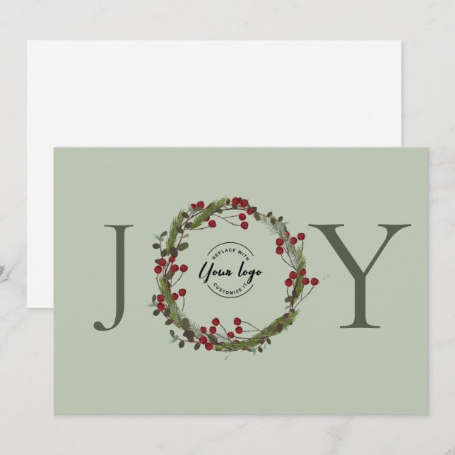 Tarjeta Festiva Navidades Sage Green JOY Personalizado Logo De Wre (Anverso / Reverso)