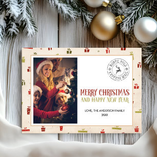 Tarjeta Festiva Navidades saludan a familia foto sello del Polo No