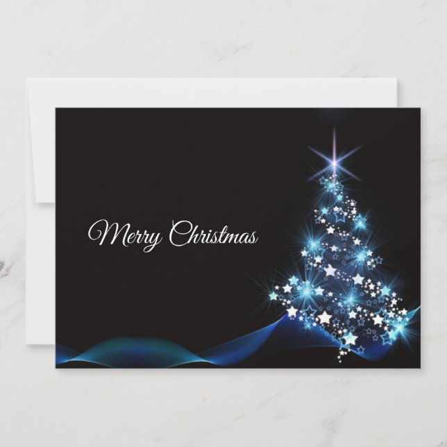 Tarjeta Festiva Navidades saludando al azul brillante árbol negro  (Anverso)