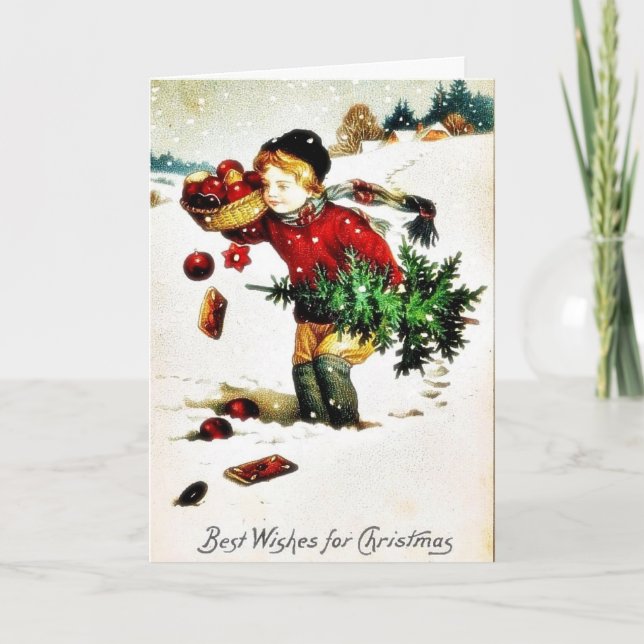 Tarjeta Festiva Navidades saludando con un niño tiene un árbol de  (Anverso)