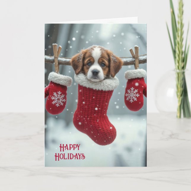 Tarjeta Festiva Navidades San Bernard Cachorro en un calado (Anverso)