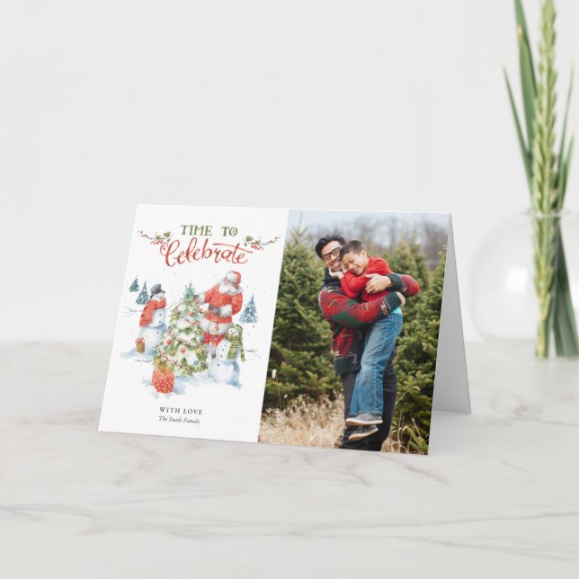 Tarjeta Festiva Navidades Santa celebran feriado de color de agua (Anverso)