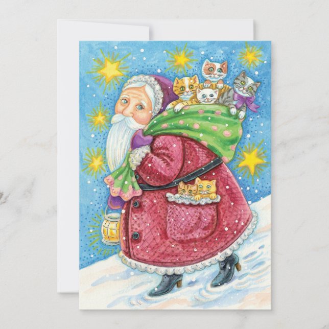 Tarjeta Festiva ¡Navidades, Santa Claus con gatitos y gatos! (Anverso)