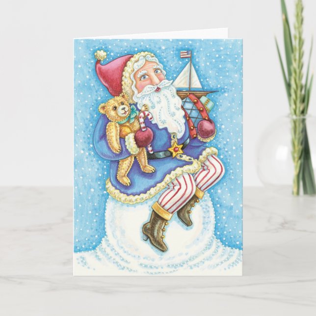 Tarjeta Festiva Navidades, Santa Claus sobre bola de nieve con jug (Anverso)