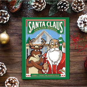 Tarjeta Festiva Navidades Santa Claus y Kickin' Reindeer Nevando