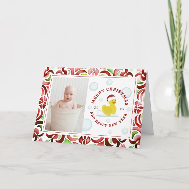 Tarjeta Festiva Navidades Santa del Duck de caucho Foto acuarela (Anverso)