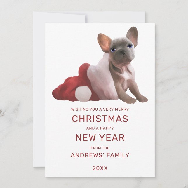 Tarjeta Festiva Navidades Santa Hat, Bulldog francés blanco y rojo (Anverso)