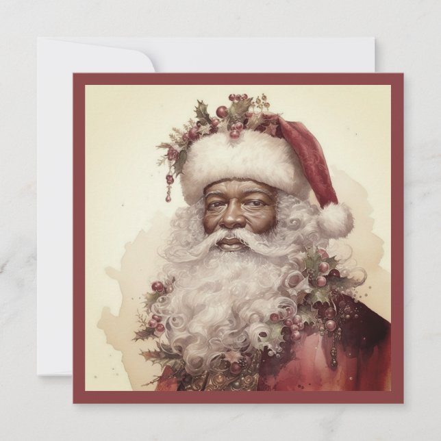 Tarjeta Festiva Navidades Santa Negro - Rojo Rococó y Verdor (Anverso)