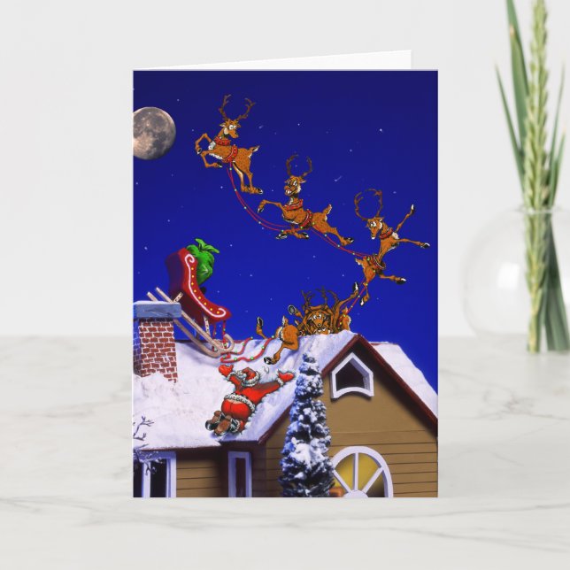 Tarjeta Festiva Navidades - Santa se estrelló en la azotea (Anverso)