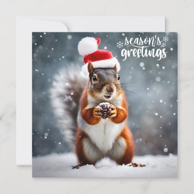 Tarjeta Festiva Navidades Santa Squirrel con Pinecone (Anverso)