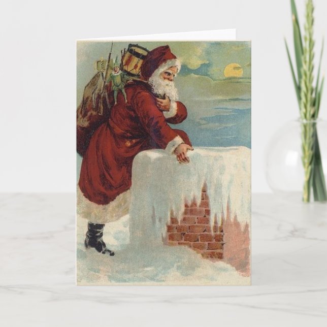 Tarjeta Festiva Navidades - Santa viniendo por la chimenea (Anverso)