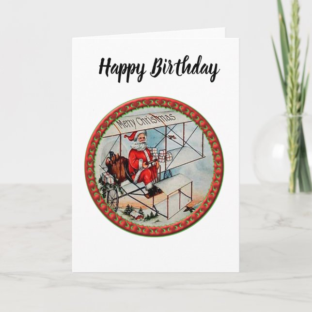 Tarjeta Festiva Navidades Santa volando un viejo avión (Anverso)