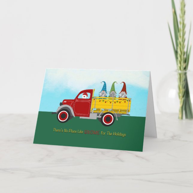 Tarjeta Festiva Navidades Santa y Gnomes en auto rojo y amarillo (Anverso)