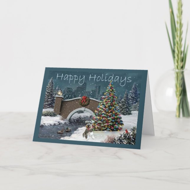 Tarjeta Festiva Navidades Schnauzer en miniatura por la noche (Anverso)