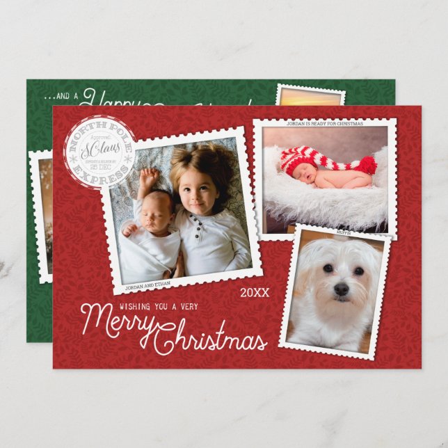 Tarjeta Festiva Navidades Scrapbook Red & Green | 8 COLLAGE DE FOT (Anverso / Reverso)