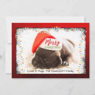 Tarjeta Festiva Navidades se pug en Santa Hat con luces Navidades