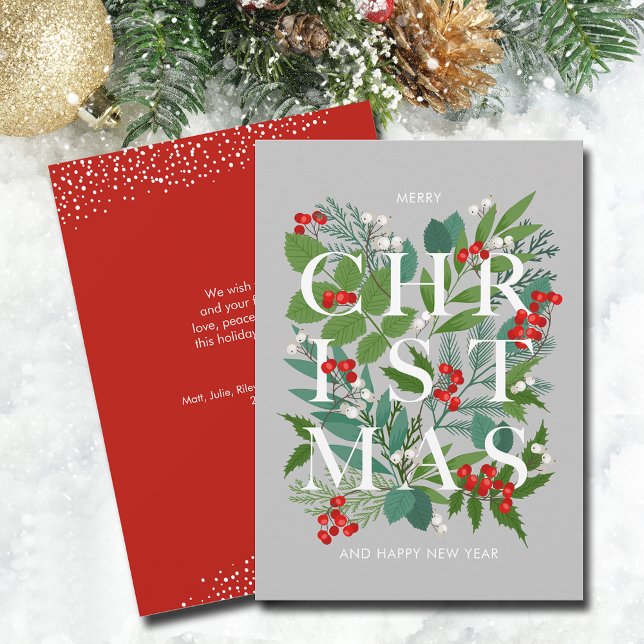 Tarjeta Festiva Navidades se van y Berries (CHRISTMAS typography leaves and berries flat holiday cards - PRINTED and/or INSTANT DOWNLOAD)