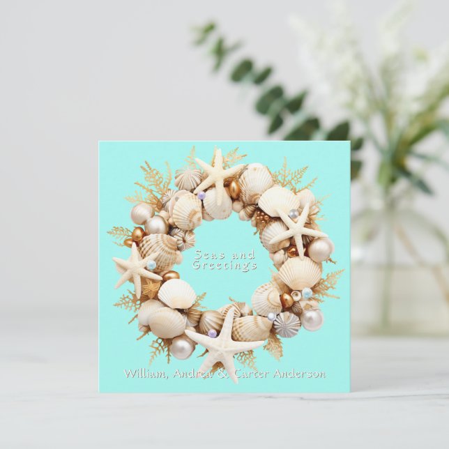 Tarjeta Festiva Navidades Seashells Starfish Pearls Bubbles (Anverso de pie)