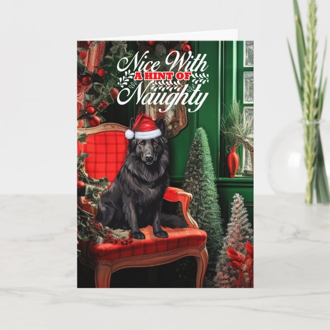 Tarjeta Festiva Navidades Sheepdog belga Naughty o Nice (Anverso)