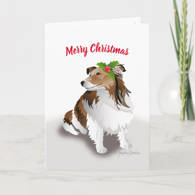 Tarjeta Festiva Navidades Sheltie con Holly, vacaciones (Anverso)