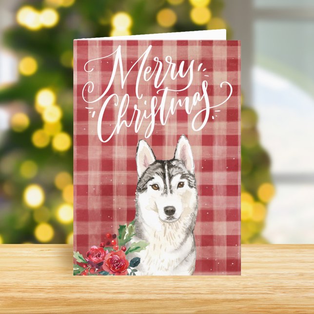 Tarjeta Festiva Navidades Siberianos Husky Red Plaid (Subido por el creador)