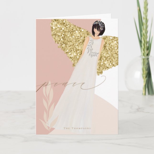 Tarjeta Festiva Navidades simples Angel Gold Wings Peace Typograph (Anverso)