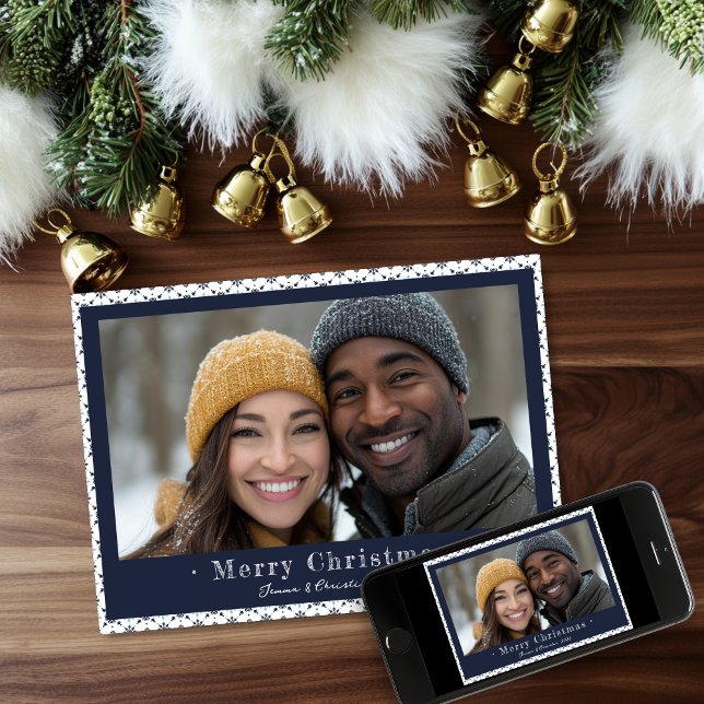 Tarjeta Festiva Navidades simples de copos de nieve gris azul foto (Simple Winter Snowflakes Christmas Holiday Photo Card )