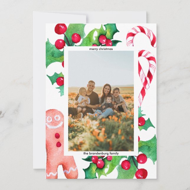 Tarjeta Festiva Navidades simples Holly Candy Cane Greet Photo (Anverso)