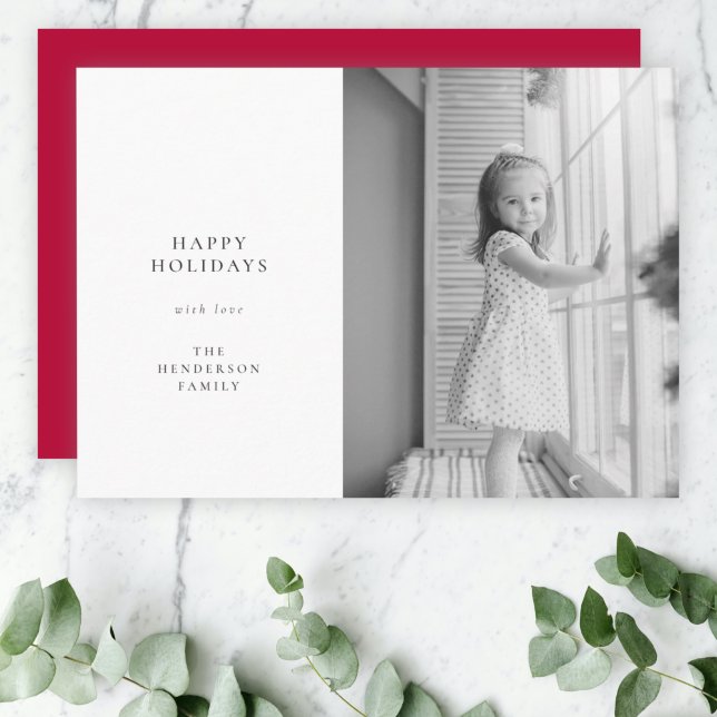 Tarjeta Festiva Navidades simples mínimos rojo de foto en blanco y (A simple elegant Christmas photo card by Guava)