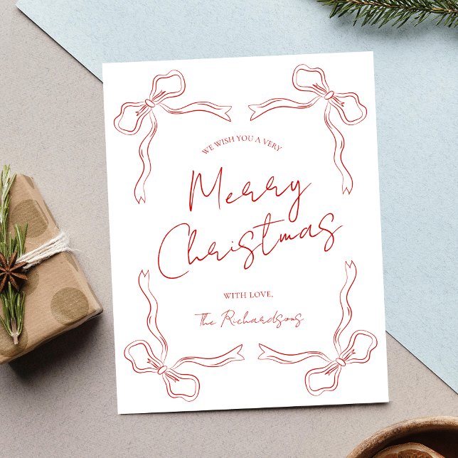 Tarjeta Festiva Navidades singulares de la mano dibujados en rojo  (Create unique holiday cards with this hand drawn bow whimsical style greeting card in red & white)