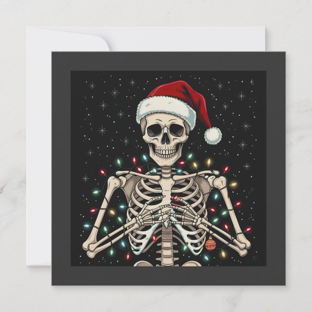 Tarjeta Festiva Navidades Skeleton Santa Hat Xmas Luces (Anverso)
