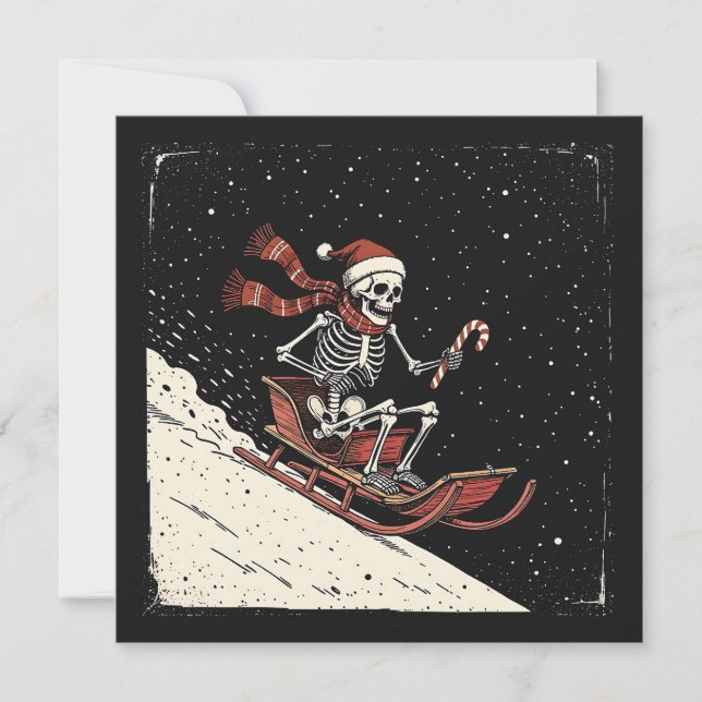 Tarjeta Festiva Navidades Skeleton Sledding (Anverso)