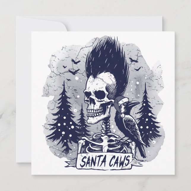 Tarjeta Festiva Navidades Skeleton y Raven Santa Caws (Anverso)