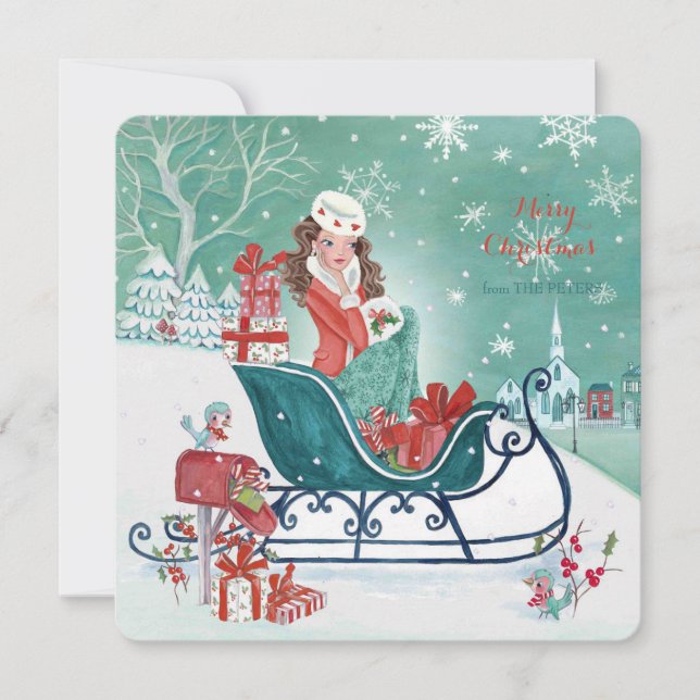 Tarjeta Festiva Navidades Sleigh Shopping Chica - Saludos (Anverso)