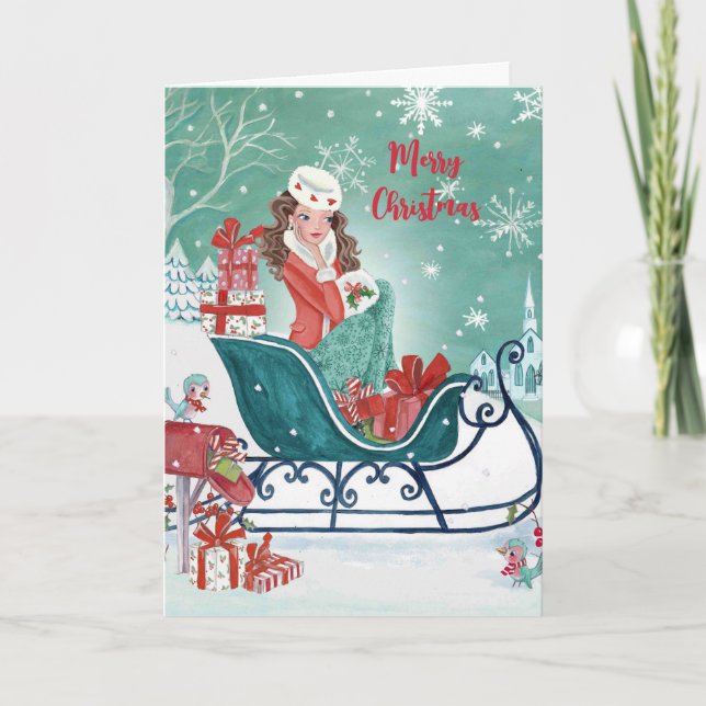 Tarjeta Festiva Navidades Sleigh Shopping Girly saludo (Anverso)
