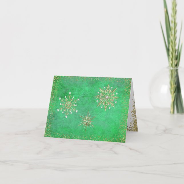 Tarjeta Festiva Navidades Snowflakes Green & Gold (Anverso)