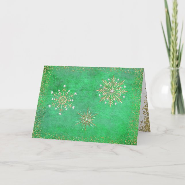Tarjeta Festiva Navidades Snowflakes Green & Gold (Anverso)