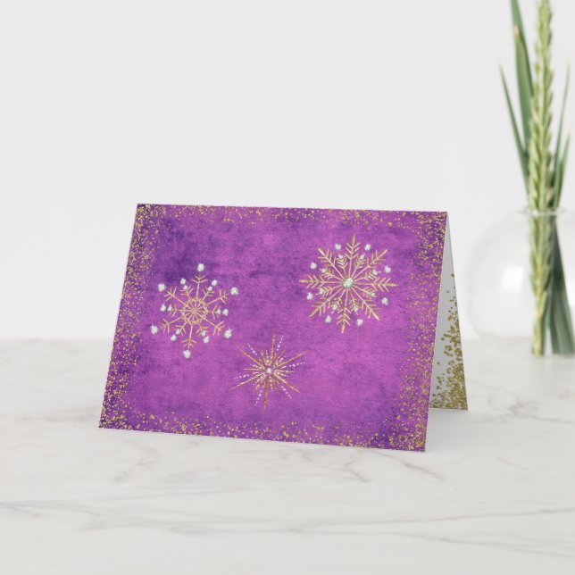 Tarjeta Festiva Navidades Snowflakes Purple & Gold (Anverso)