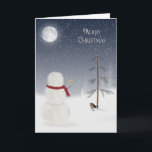 Tarjeta Festiva Navidades Snowman<br><div class="desc">Hombre de nieve con estrella dorada para pino bajo luna llena.</div>