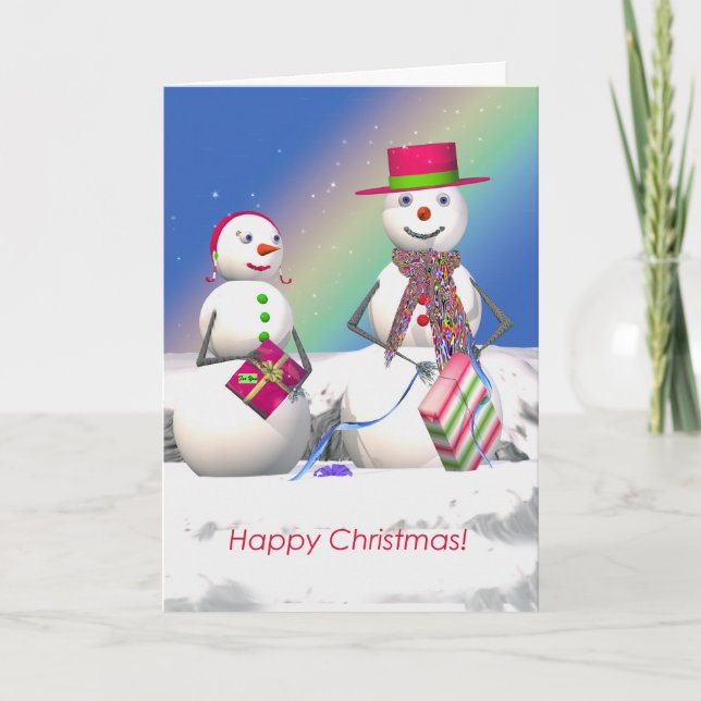 Tarjeta Festiva Navidades Snowman abren regalos (Anverso)