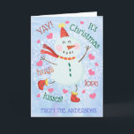 Tarjeta Festiva Navidades Snowman Blue Photo Inside<br><div class="desc">Esta tarjeta de felicitación de los Navidades incluye un lindo muñeco de nieve en la parte delantera y una foto dentro de la tarjeta. Personaliza esta tarjeta con tu propio texto y foto.</div>