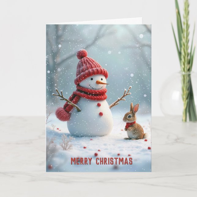 Tarjeta Festiva Navidades Snowman con conejito (Anverso)