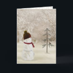 Tarjeta Festiva Navidades Snowman con estrella del oro<br><div class="desc">Un muñeco de nieve con una estrella dorada en bosques de invierno,  con pino y pájaro.</div>