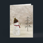 Tarjeta Festiva Navidades Snowman con estrella del oro<br><div class="desc">Un muñeco de nieve con una estrella dorada en bosques de invierno,  con pino y pájaro.</div>