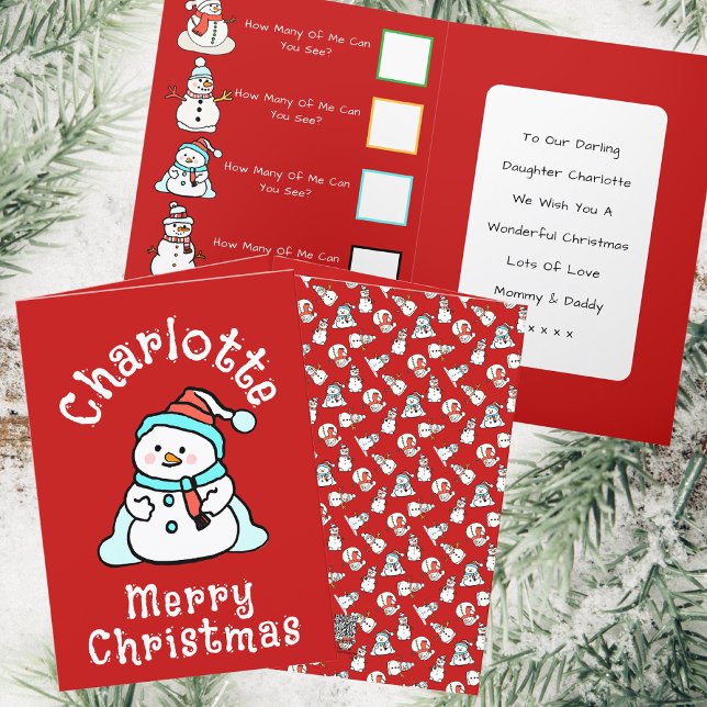 Tarjeta Festiva Navidades Snowman con nombre | Actividad roja de l (Front, Back And Inside)