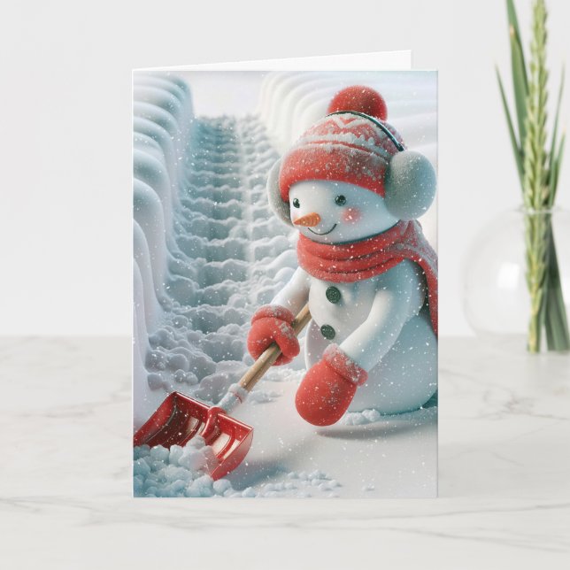Tarjeta Festiva Navidades Snowman con pala roja (Anverso)