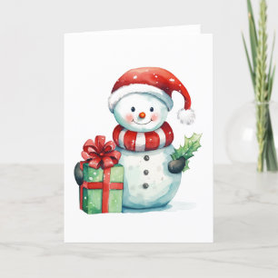 Tarjeta Festiva Navidades Snowman con presente y Holly BLANK