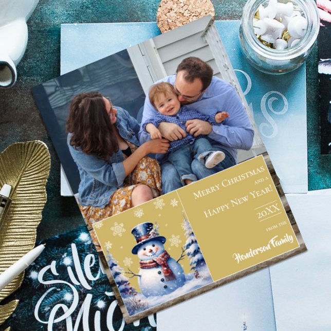 Tarjeta Festiva Navidades Snowman de Winter Forest | Dorado (Gold Winter Forest Snowman Christmas Photo Holiday Card)