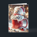 Tarjeta Festiva Navidades Snowman En Red Mug<br><div class="desc">Un animado muñeco de nieve malvavisco se sienta en una taza roja llena de cacao caliente,  repartido por ahí con minimalvaviscos y adornos navideños El texto interior puede ser cambiado.</div>